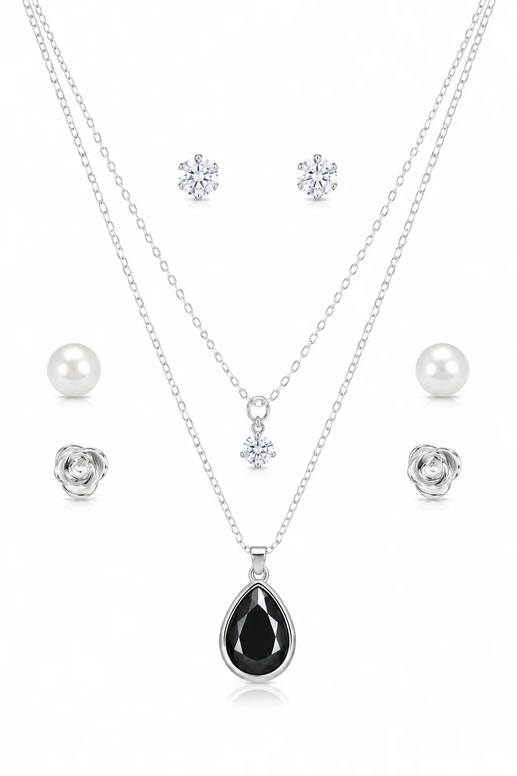 Silver Layered Black Crystal Pendant Necklace Set for Women