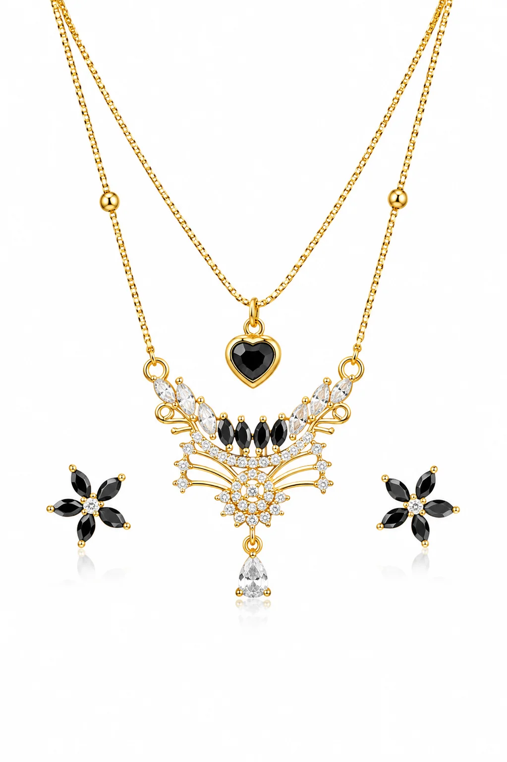 Gold Black Crystal Layered Necklace Set for Women