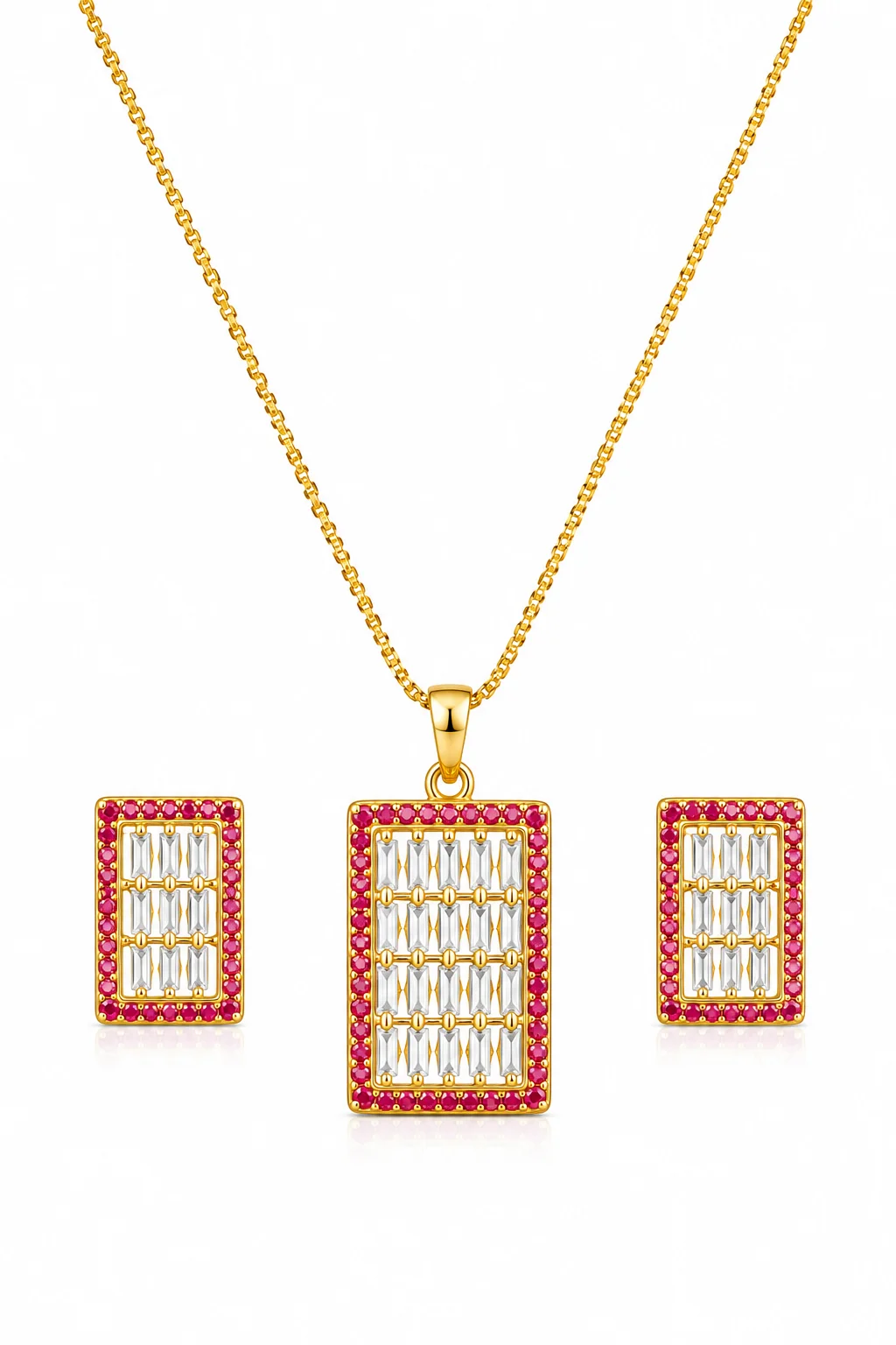Gold Ruby Crystal Rectangle Jewelry Set for Women