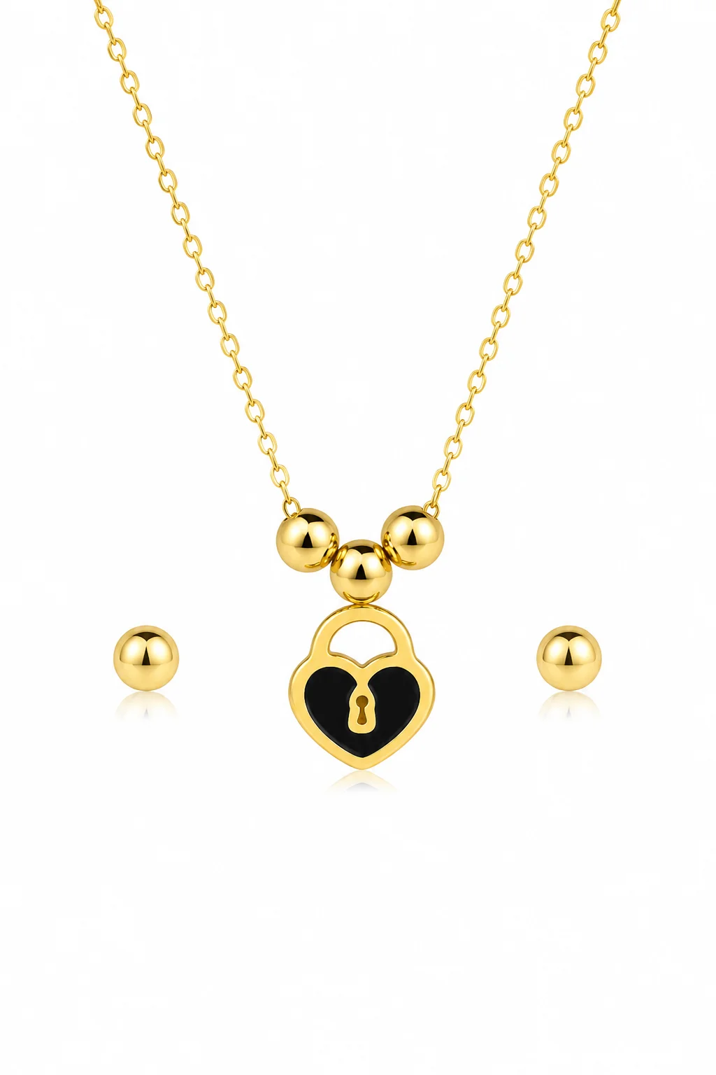 Gold Heart Lock Pendant Necklace Set with Ball Stud Earring