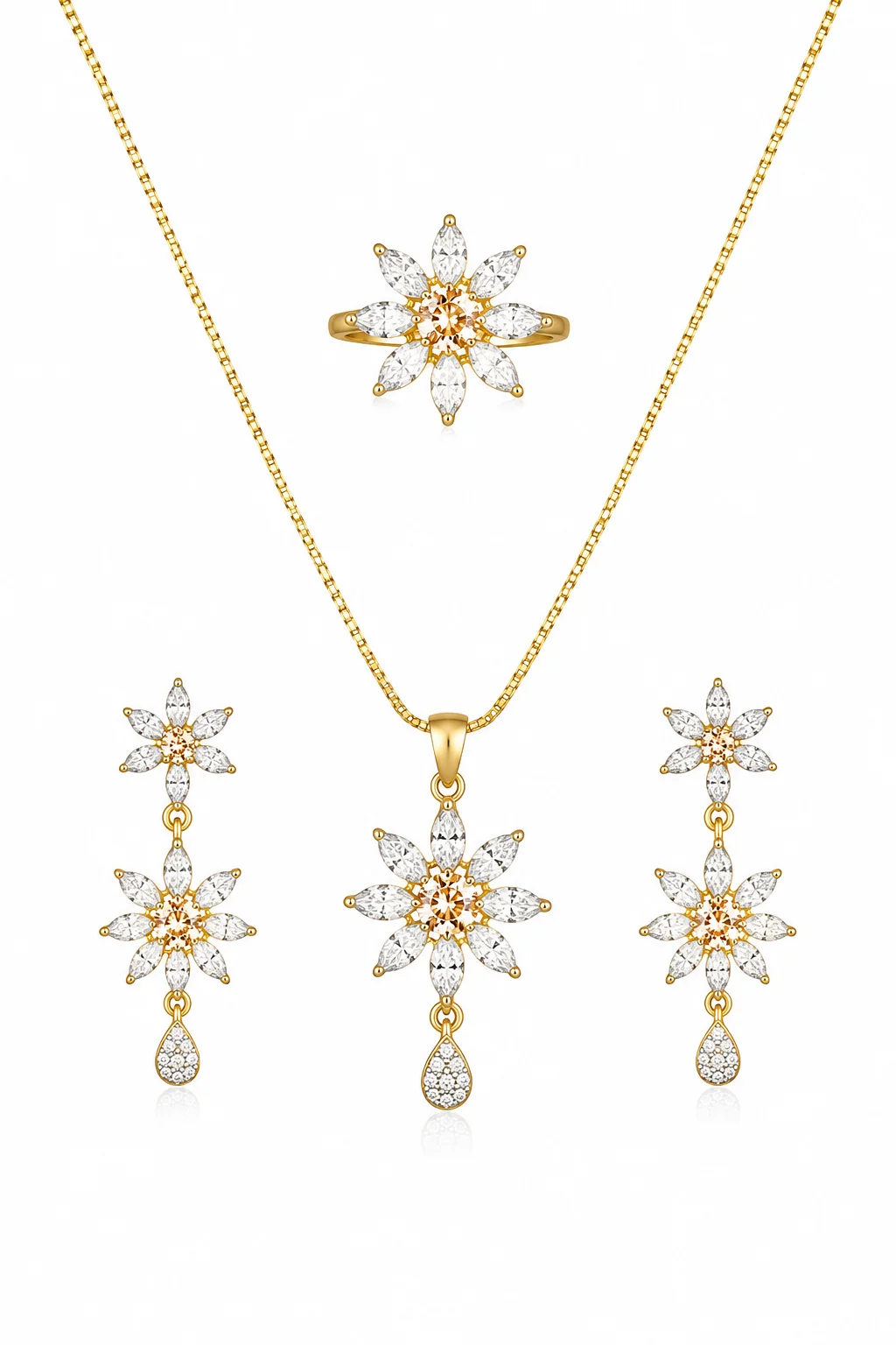 Luxury Floral Crystal Jewelry Set with Ring