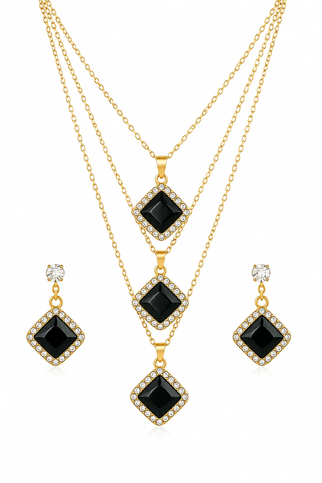 Triple Layer Black Crystal Necklace Set for Women