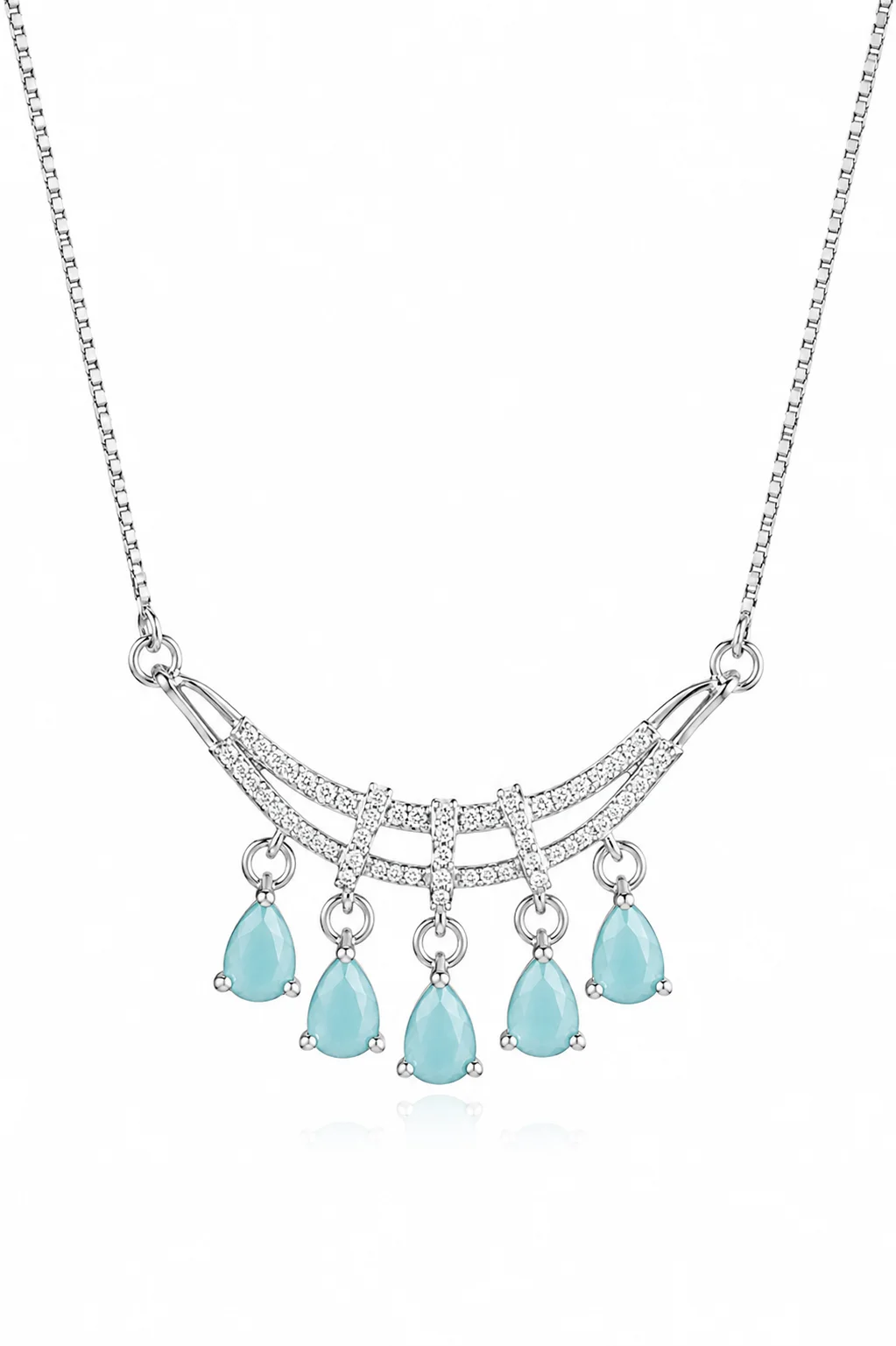 Silver Blue Teardrop Crystal Pendant Necklace for Women