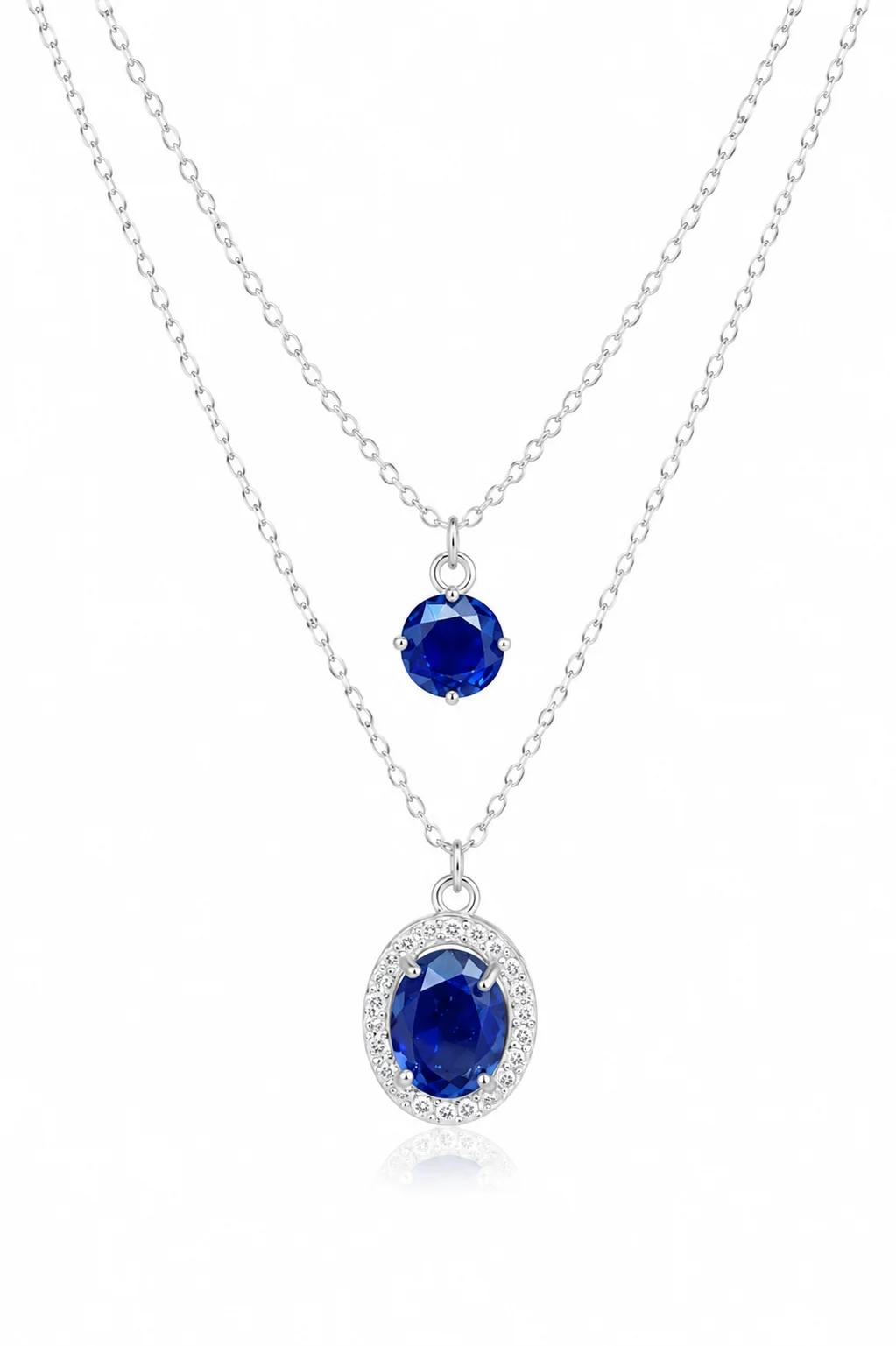 Silver Layered Blue Sapphire Crystal Pendant Necklace for Women