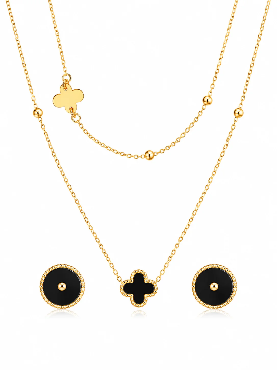 Black Clover Layered Necklace & Stud Earrings Set for Women