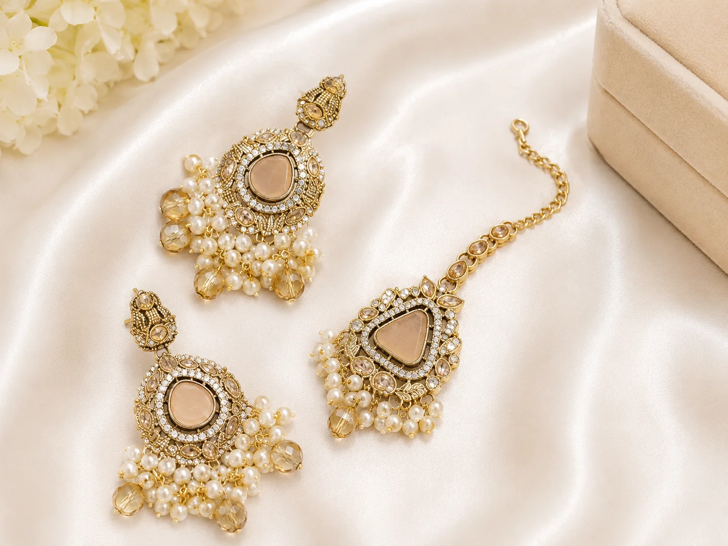 Royal Champagne Pearl Kundan 3 Piece Earrings