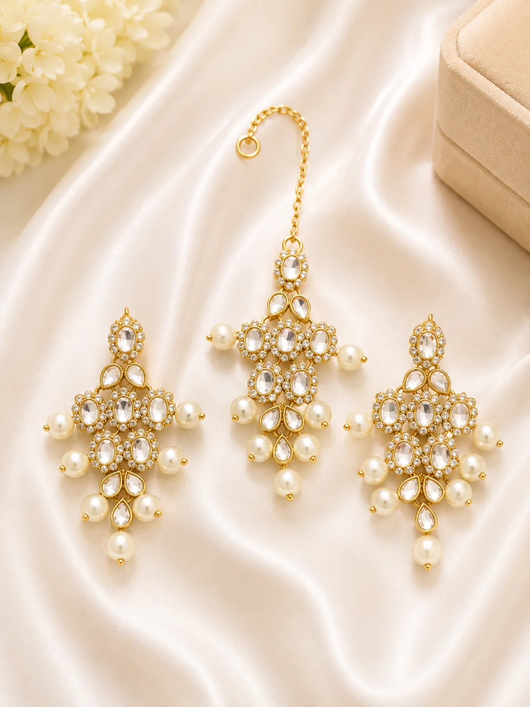 Royal Crystal Pearl Kundan Earrings & Maang Tikka 3 Piece Set