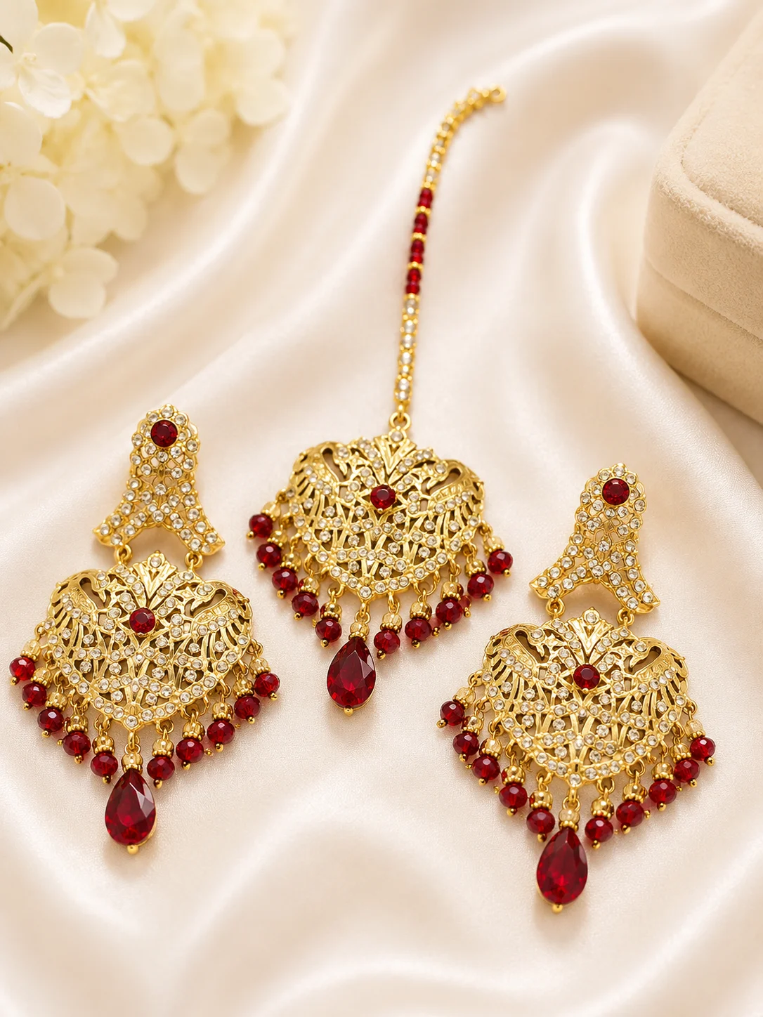 Royal Ruby Red Crystal Bridal Earrings & Maang Tikka 3 Piece Set