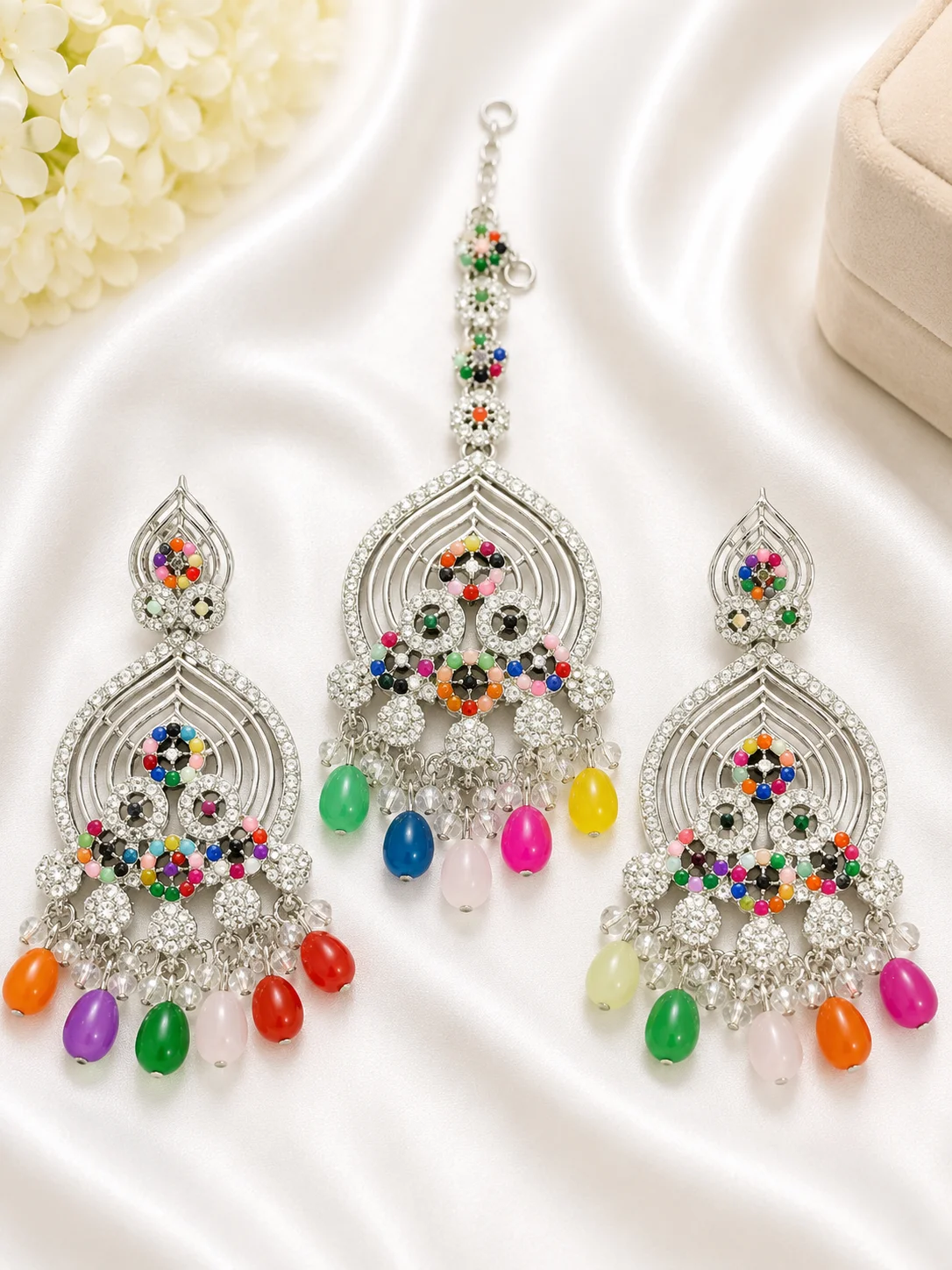 Multicolor Silver Chandelier Earrings & Maang Tikka 3 Piece Set