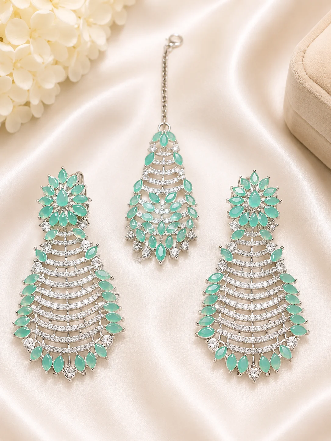 Mint Green Crystal Chandelier Earrings & Maang Tikka 3 Piece Set