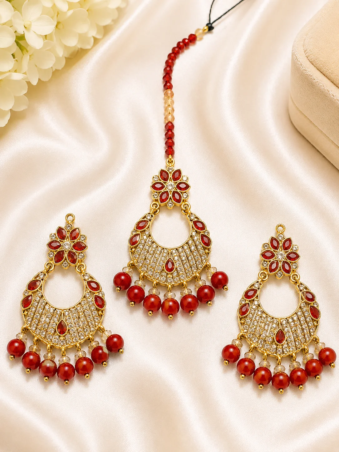 Ruby Red Gold Chandbali Earrings & Maang Tikka 3 Piece Set