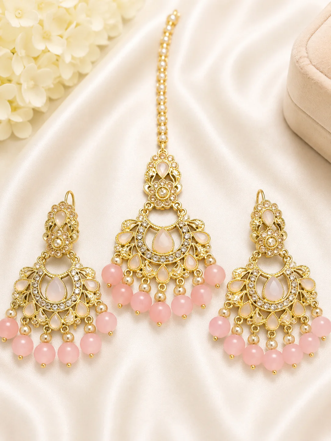 Pink Pearl Gold Bridal Tikka & 3 Piece Earrings Set