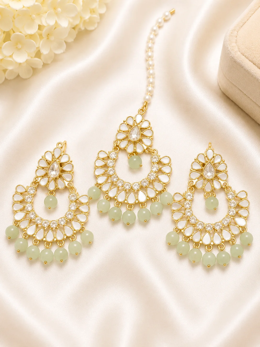 Mint Green Pearl Gold Chandelier Tikka & 3 Piece Earrings Set