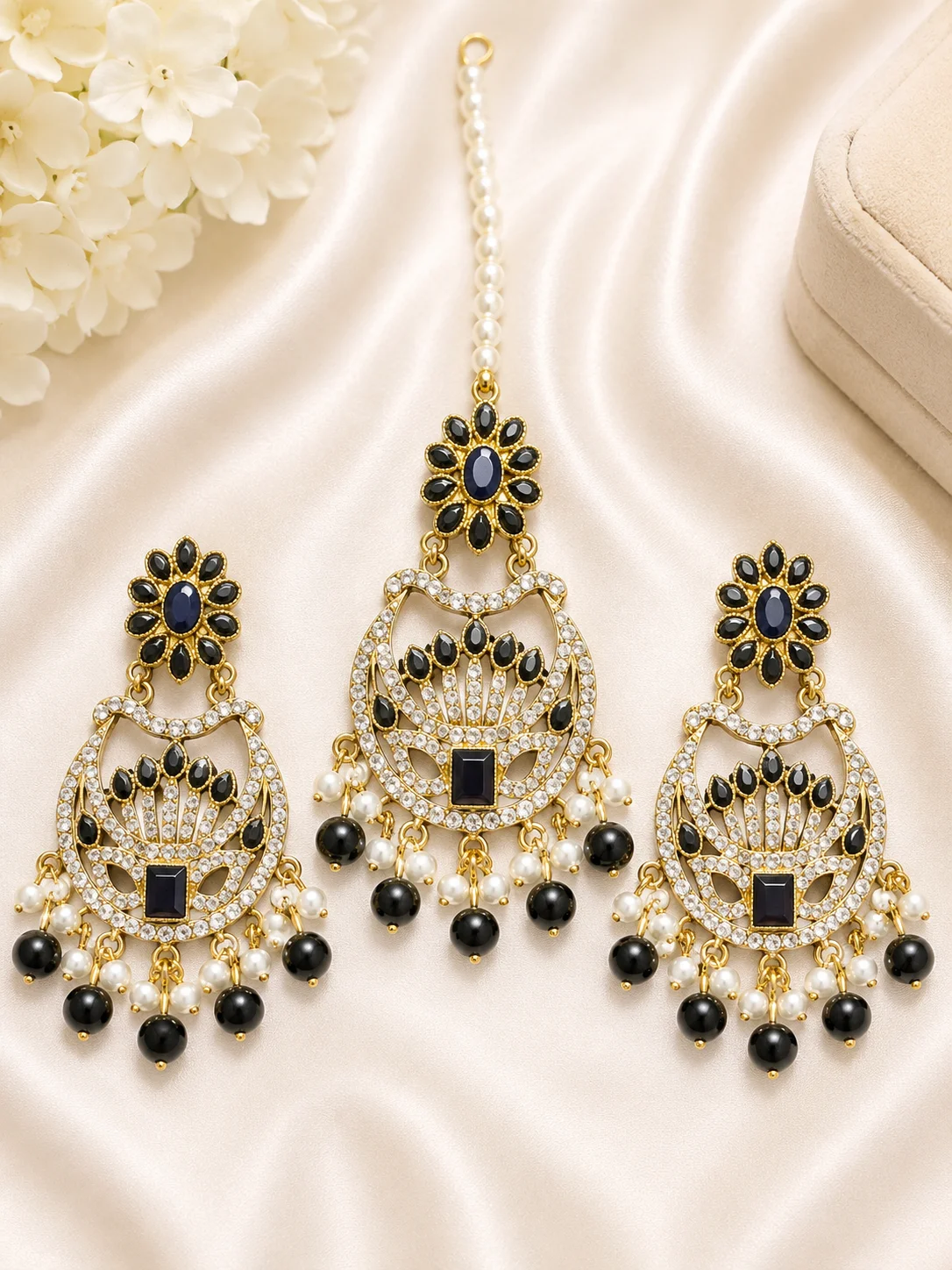 Black Pearl Gold Chandelier Tikka & 3 Piece Earrings Set