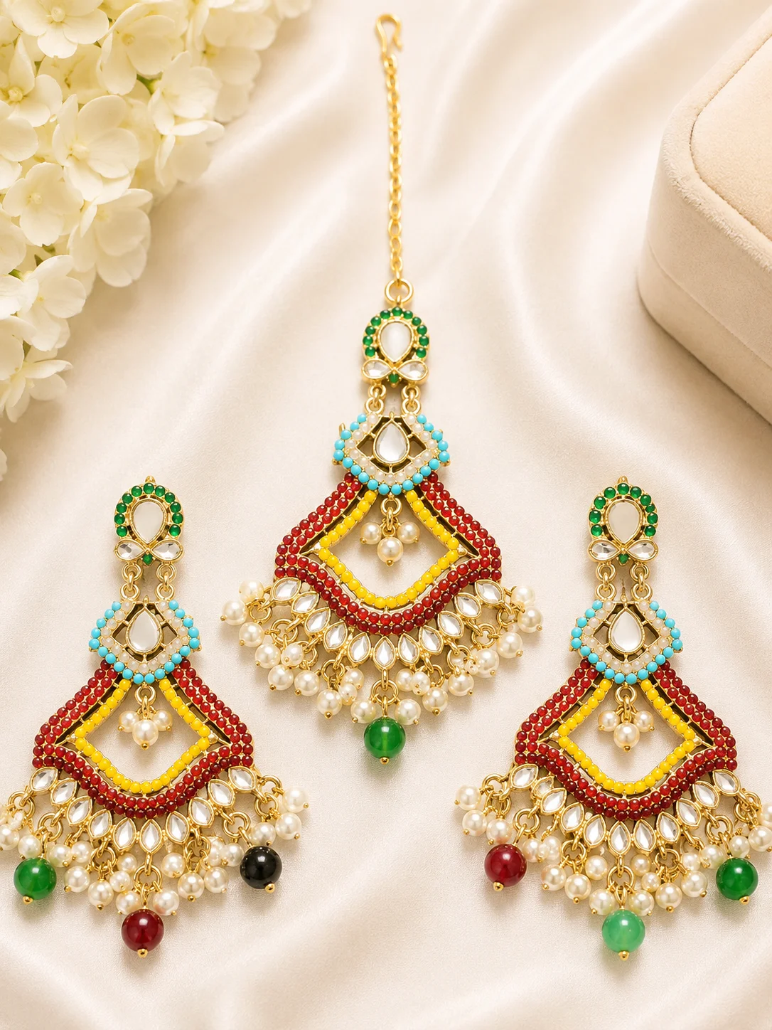 Multicolor Kundan Pearl Bridal Earrings & Maang Tikka 3 Piece Set