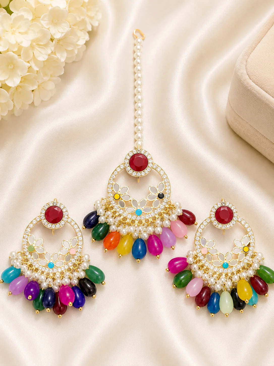 Multicolor Pearl Drop Chandbali Earrings & Maang Tikka 3 Piece Set