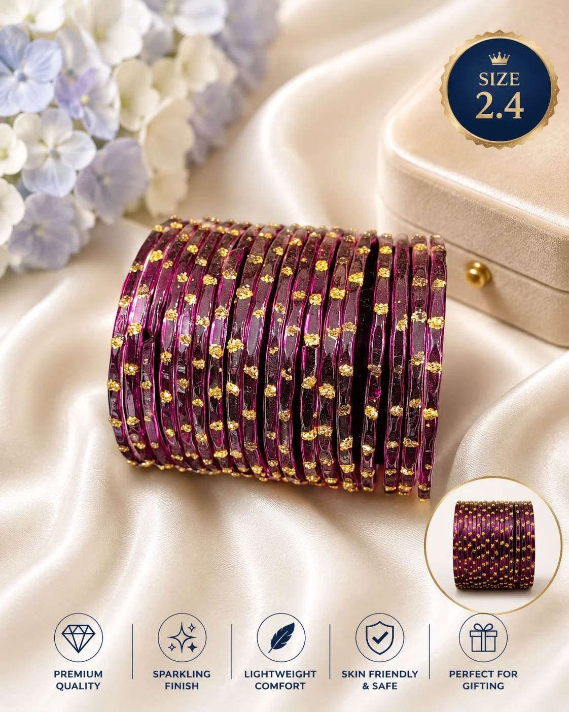 Premium Multicolor Glass Bangles Set | Size 2.4