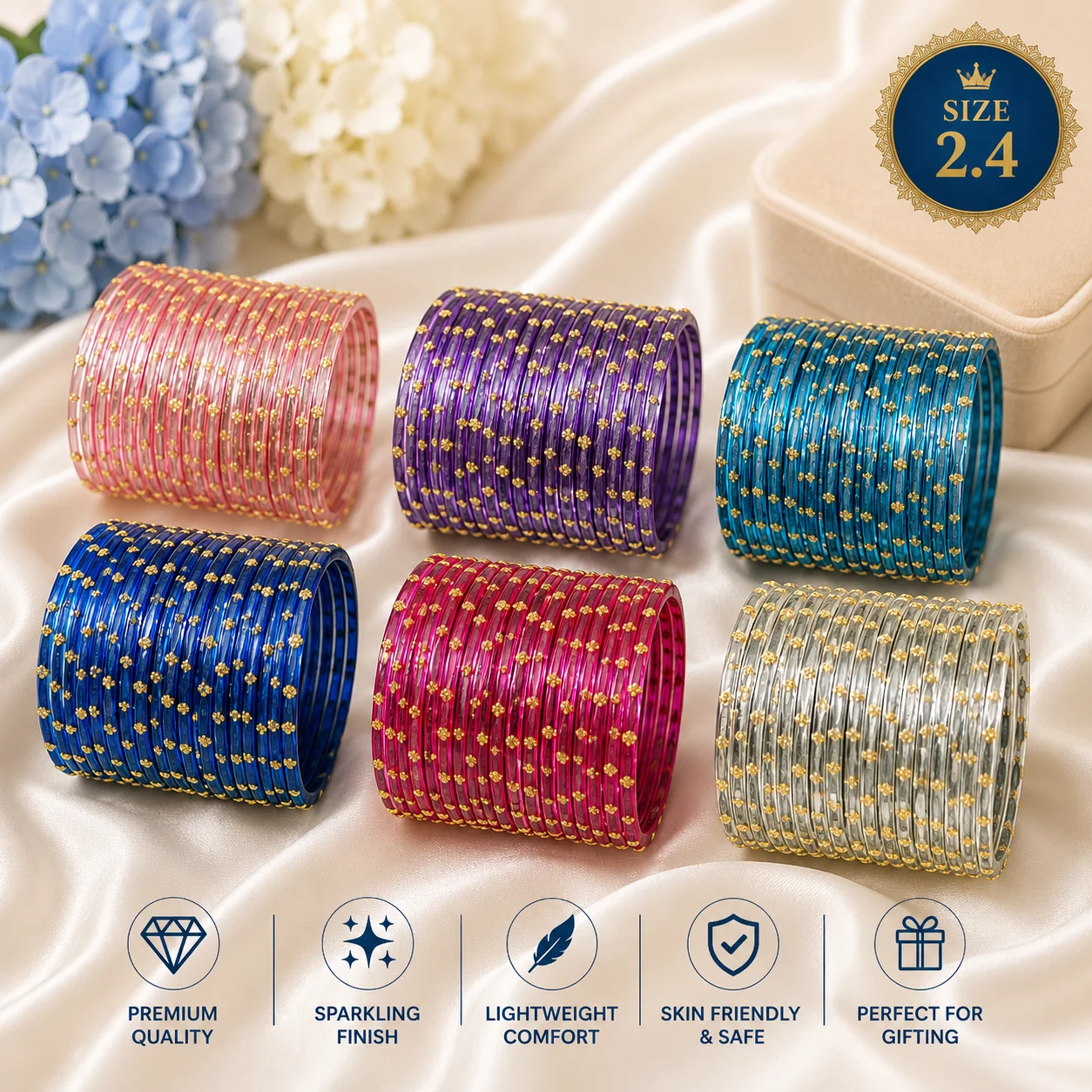 Premium Multicolor Glass Bangles Set | Size 2.4
