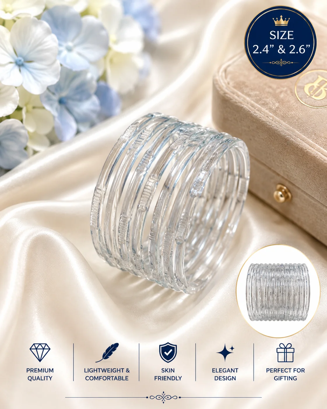 Premium Transparent Glass Bangles Set – Elegant Fashion Bangles | Size 2.4 & 2.6