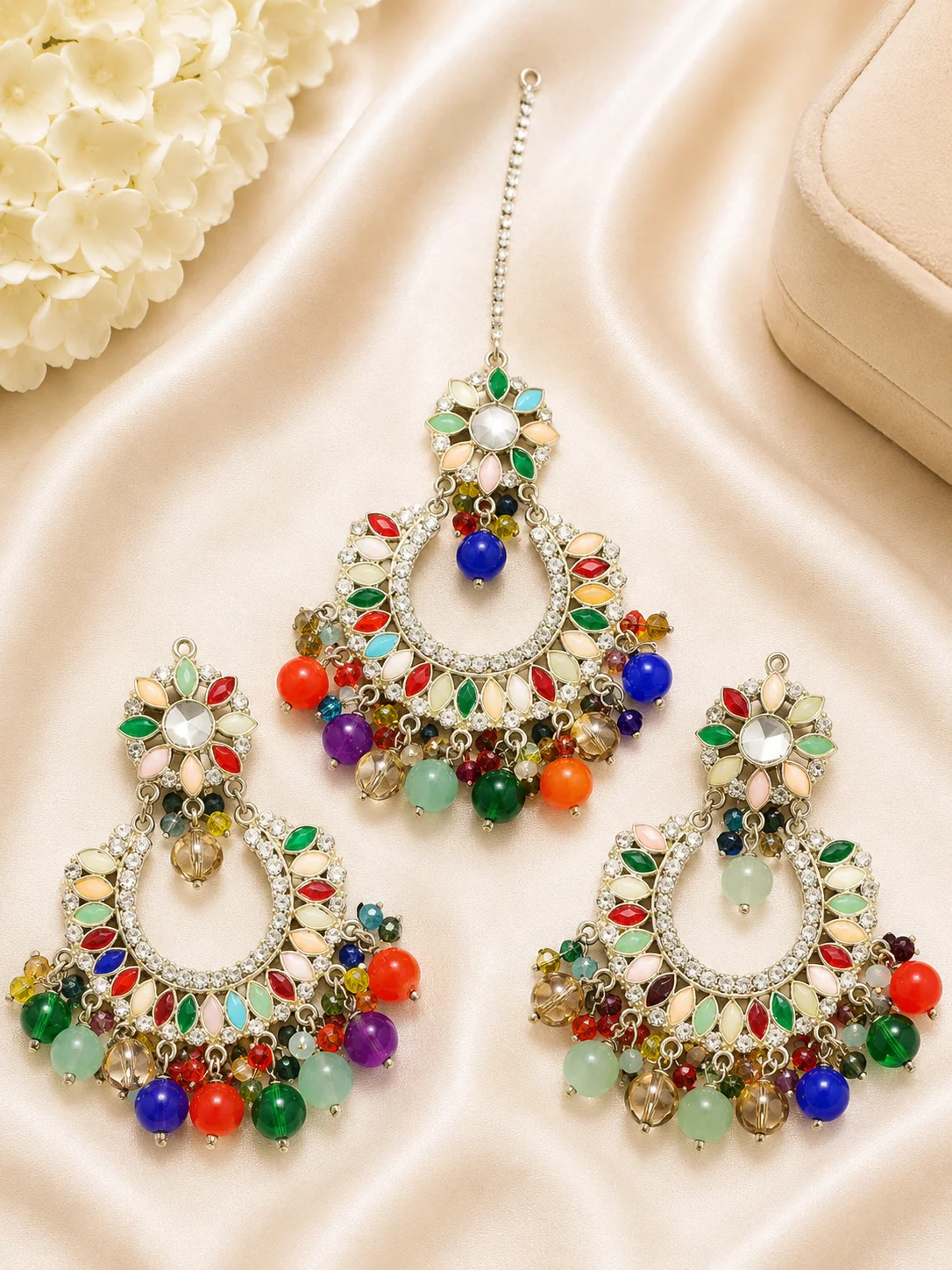 Multicolor & Ruby Red Chandbali Maang Tikka Jewelry 3 Piece Sets
