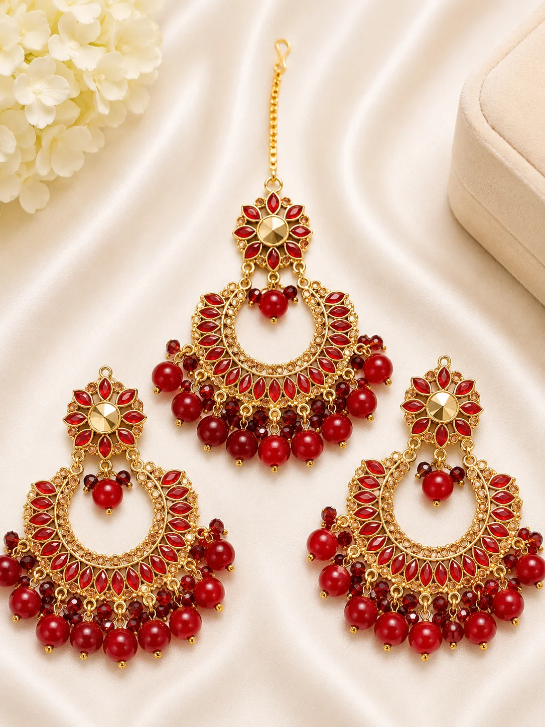 Multicolor & Ruby Red Chandbali Maang Tikka Jewelry 3 Piece Sets