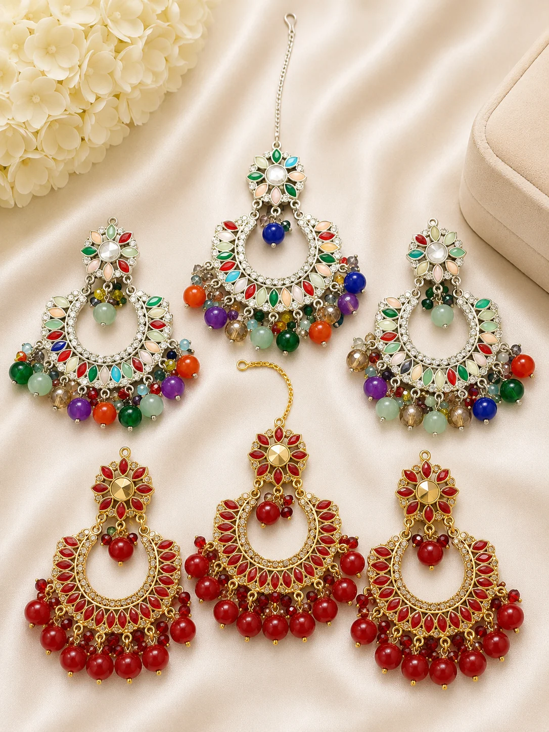 Multicolor & Ruby Red Chandbali Maang Tikka Jewelry 3 Piece Sets