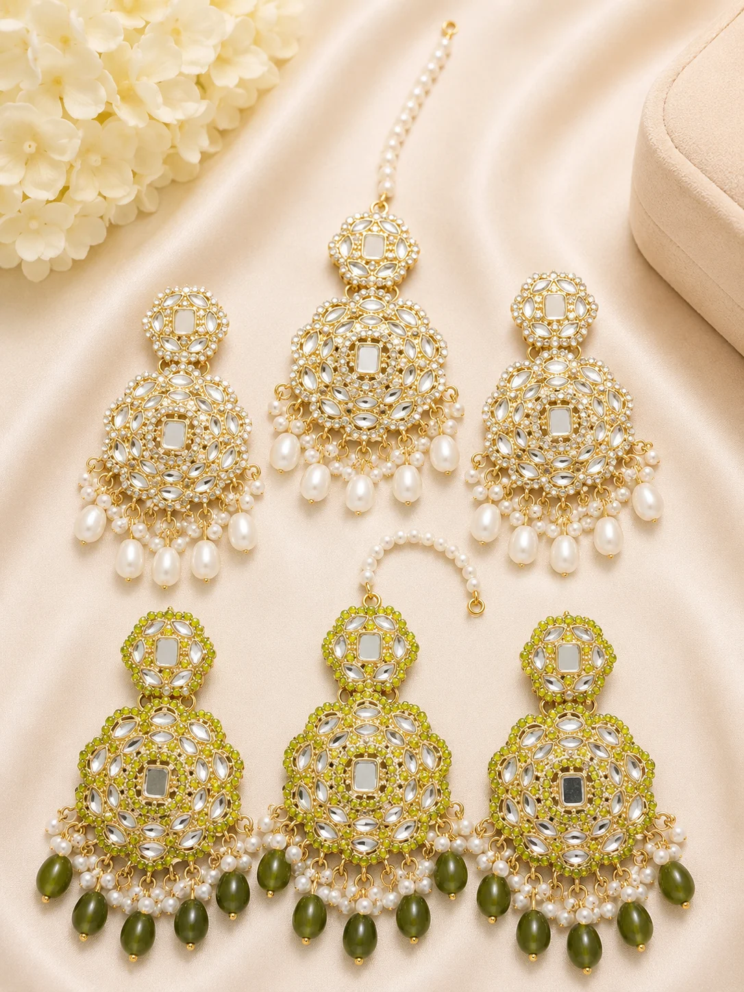Luxury Kundan Pearl & Green Bead Maang Tikka 3 Piece Earring Sets