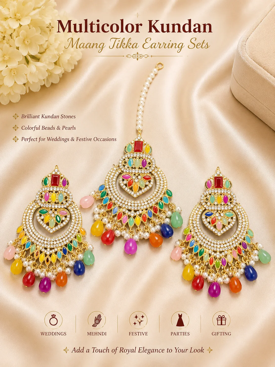 Multicolor & Ruby Red Kundan Maang Tikka 3 Piece Earrings Set