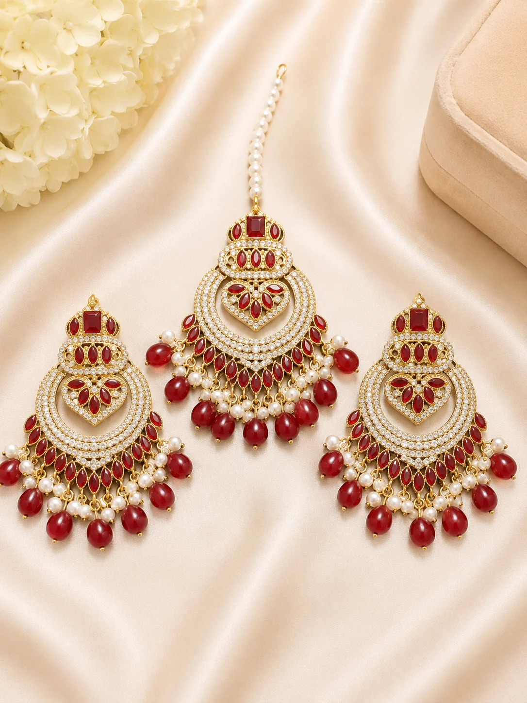Multicolor & Ruby Red Kundan Maang Tikka 3 Piece Earrings Set