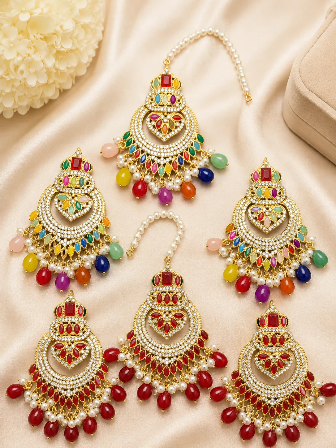 Multicolor & Ruby Red Kundan Maang Tikka 3 Piece Earrings Set