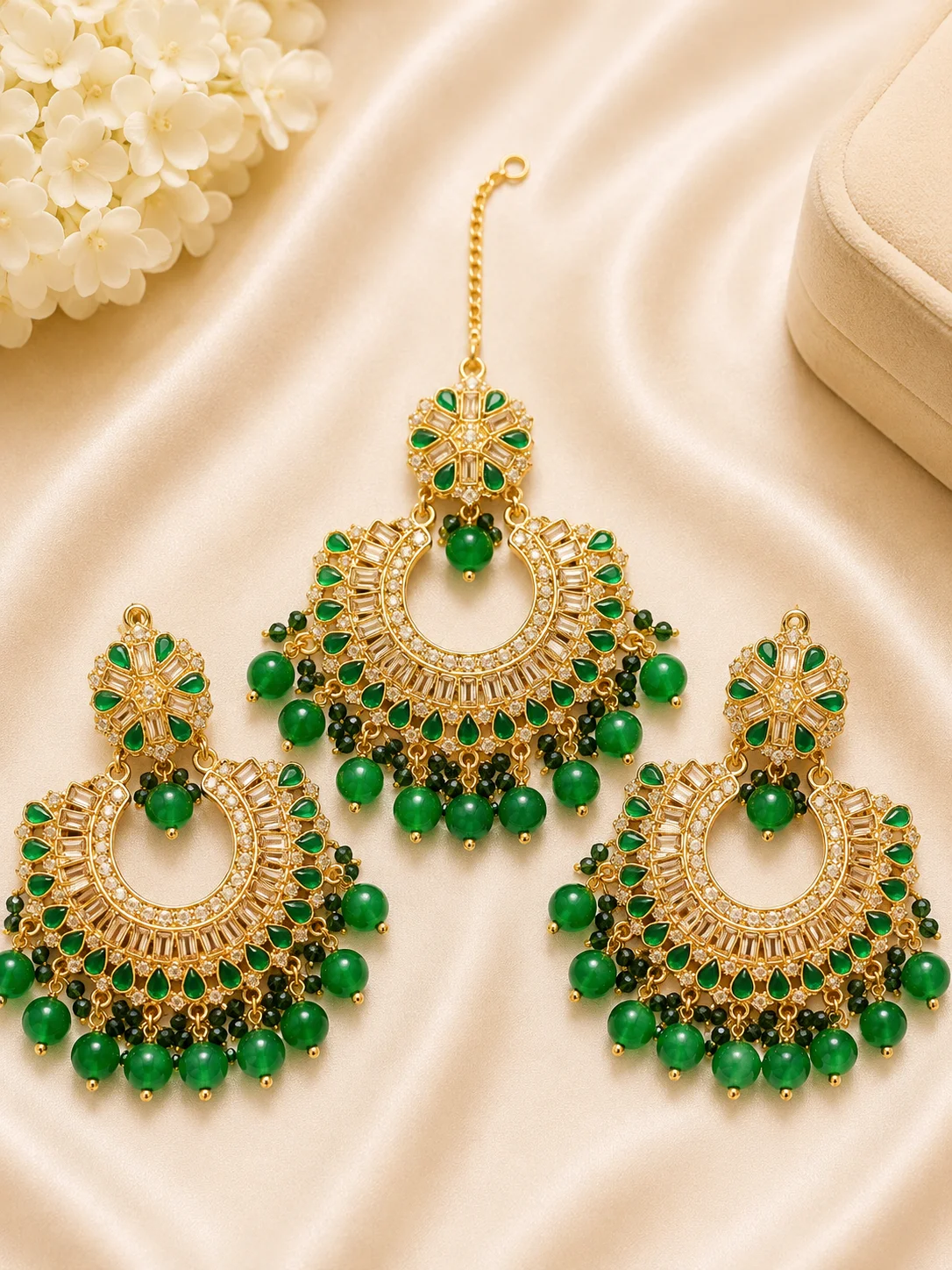 Emerald Green Kundan Chandbali Maang Tikka & 3 Piece Earrings Set