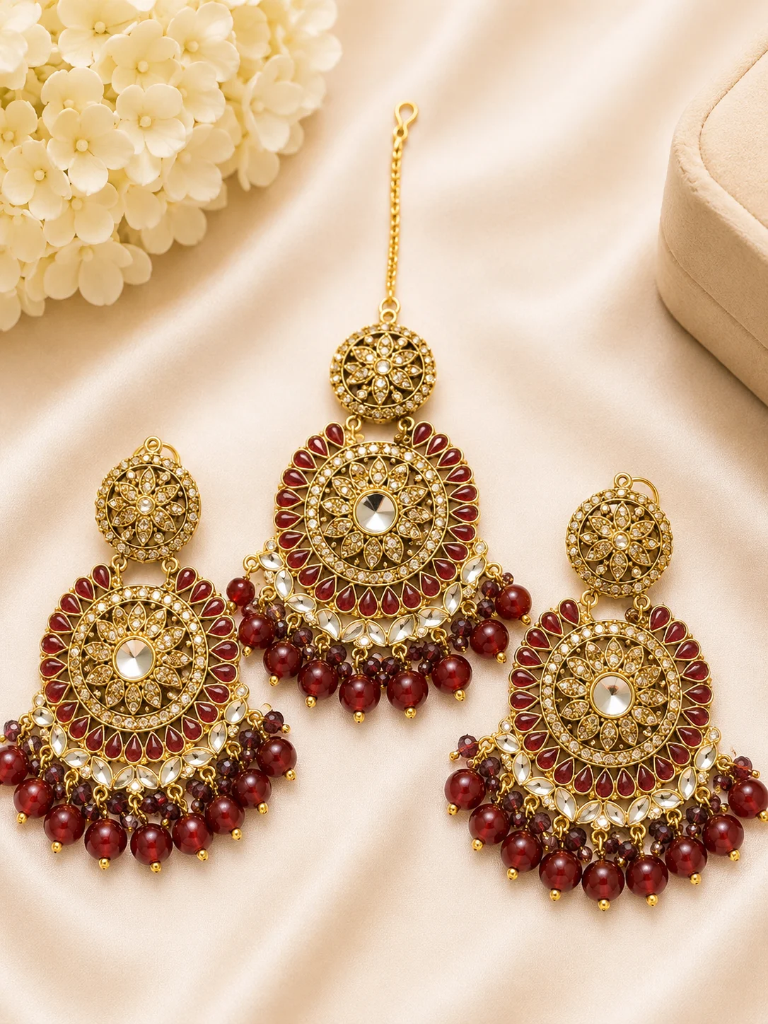Royal Maroon Kundan Maang Tikka & 3 Piece Earrings Set