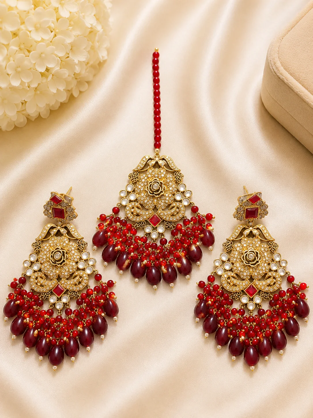 Royal Red Beaded Bridal Maang Tikka & 3 Piece Earrings Set