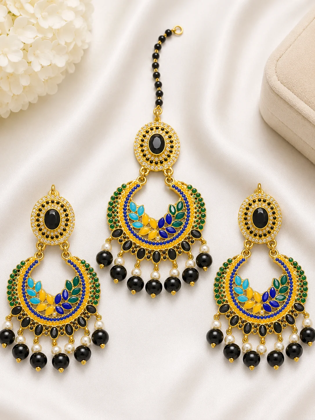 Multicolor Meenakari Chandbali Maang Tikka & 3 Piece Earrings Set