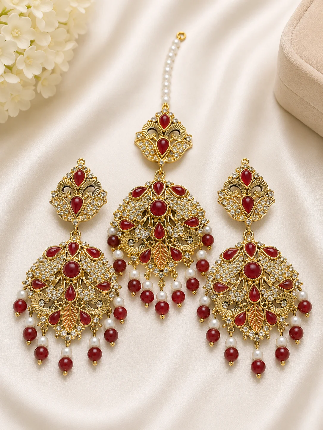 Royal Red Stone Pearl Bridal Maang Tikka & 3 Piece Earrings Set