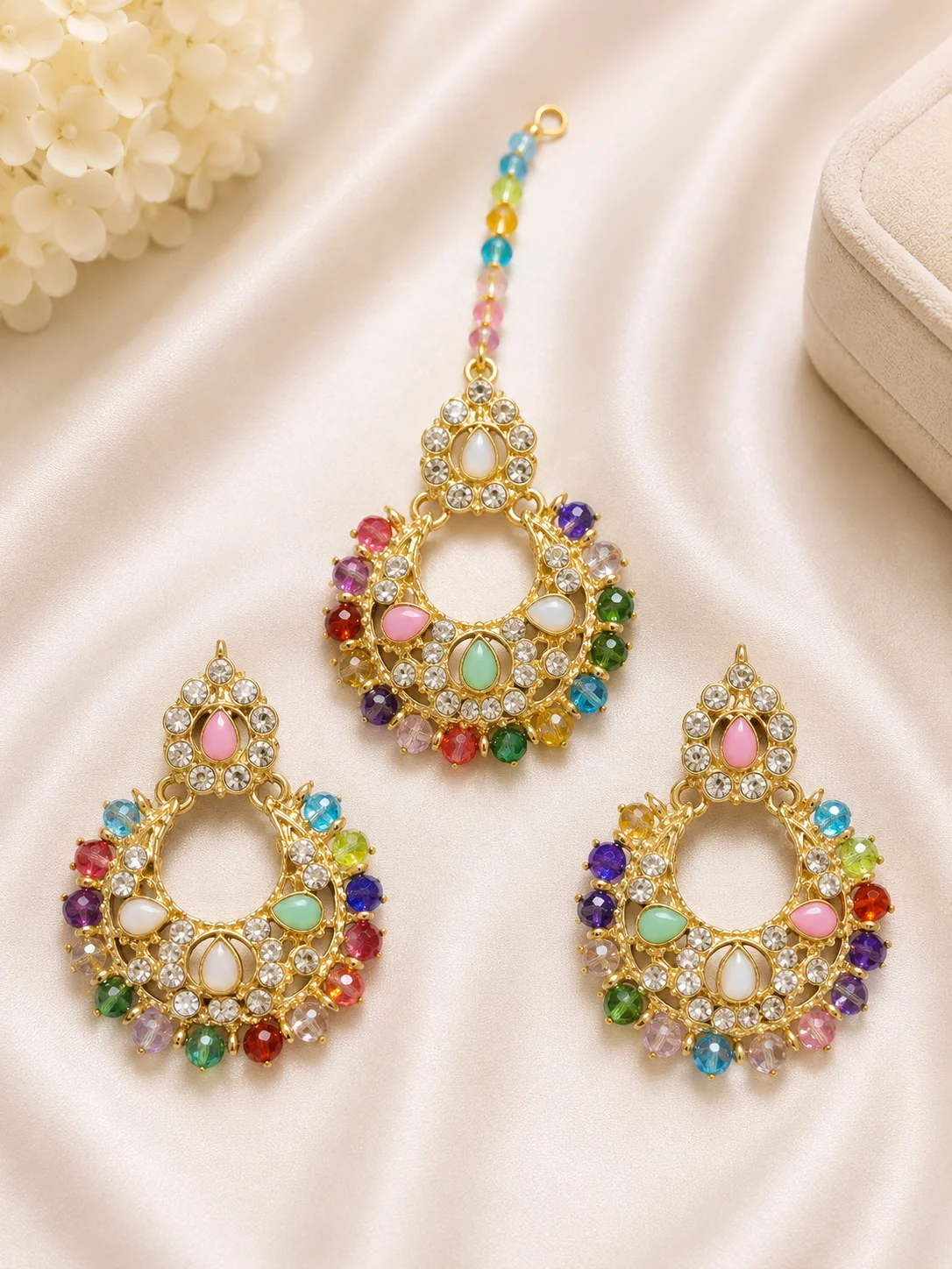 Multicolor Crystal Chandbali Maang Tikka & 3 Piece Earrings Set