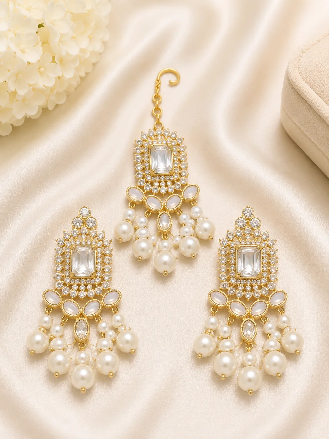 Luxury Pearl Drop Kundan Maang Tikka & 3 Piece Earrings Set