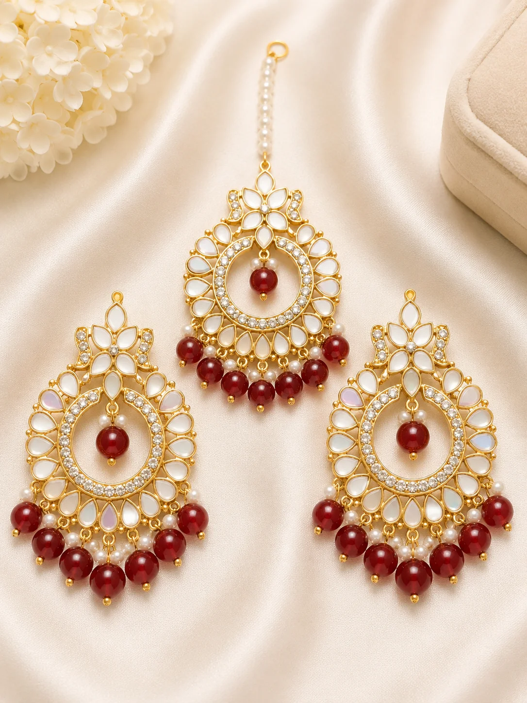 Elegant Red Beads Kundan Maang Tikka & Earrings Set