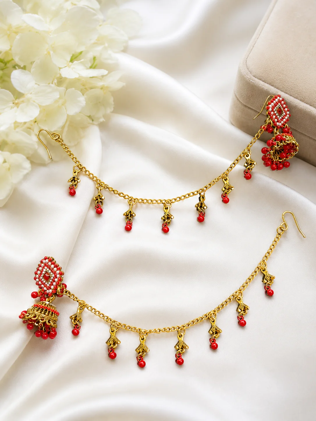 Red Beaded Antique Jhumka Chain Earrings for Women