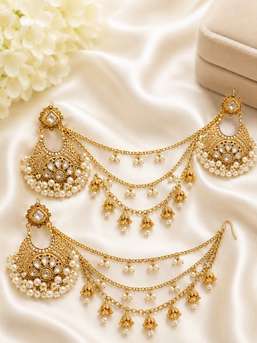 Gold Pearl Chandbali Chain Earrings for Women