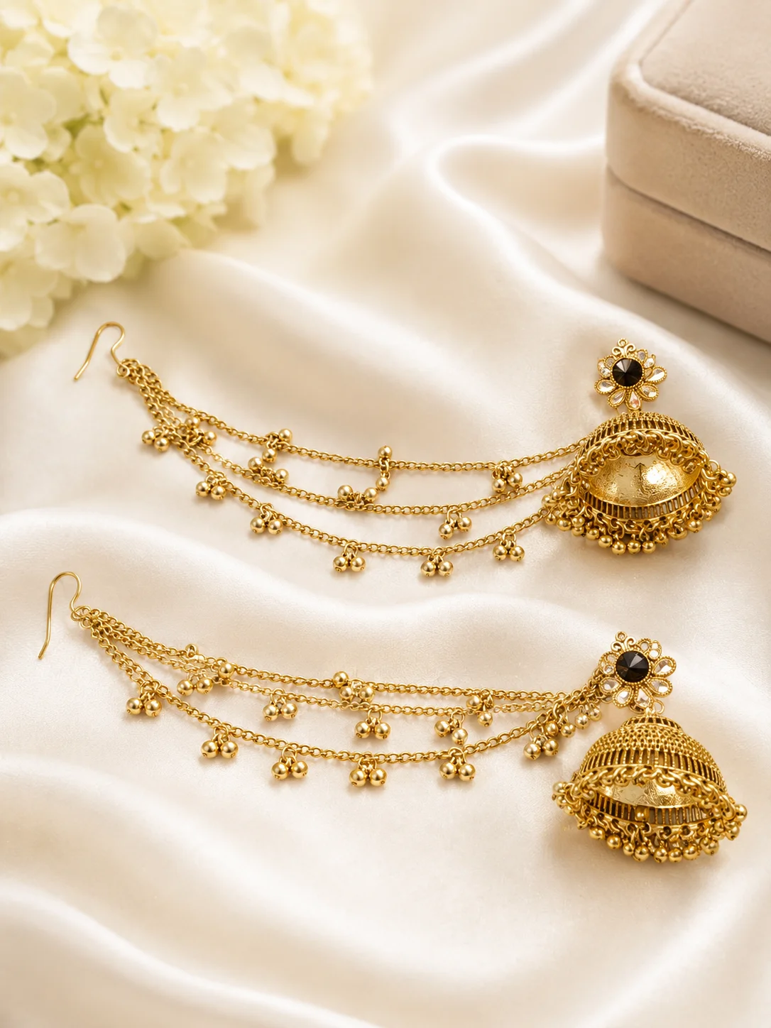 Antique Gold Jhumka Chain Earrings for Women