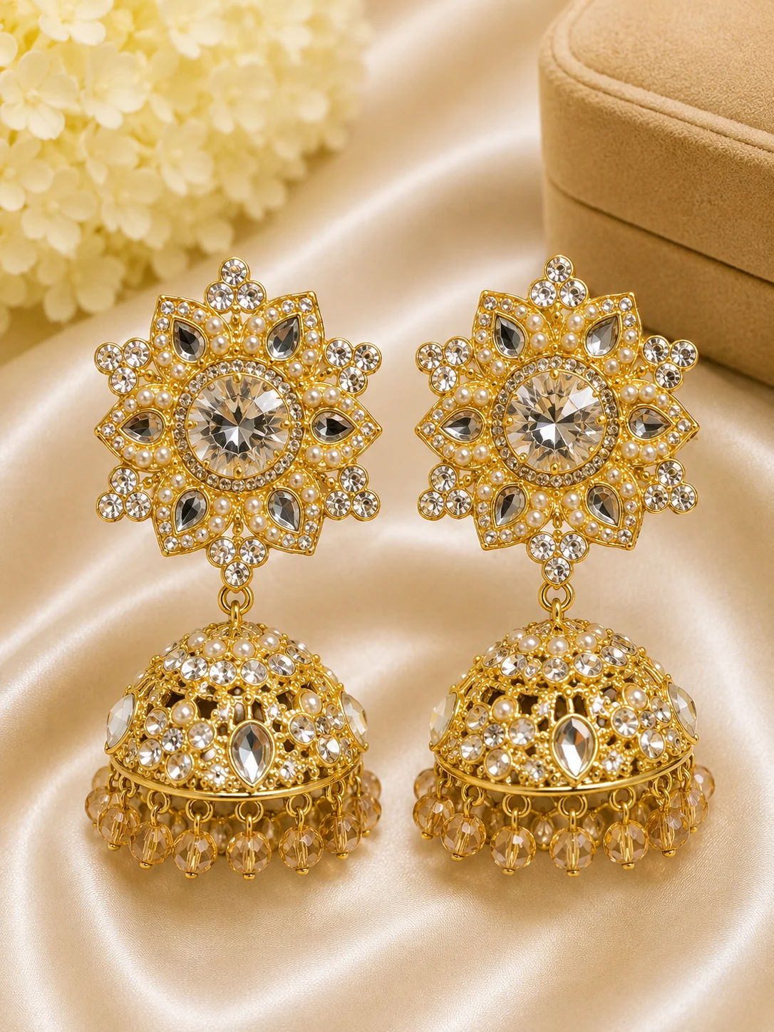 Pearl & Crystal Jhumka Earrings for Women