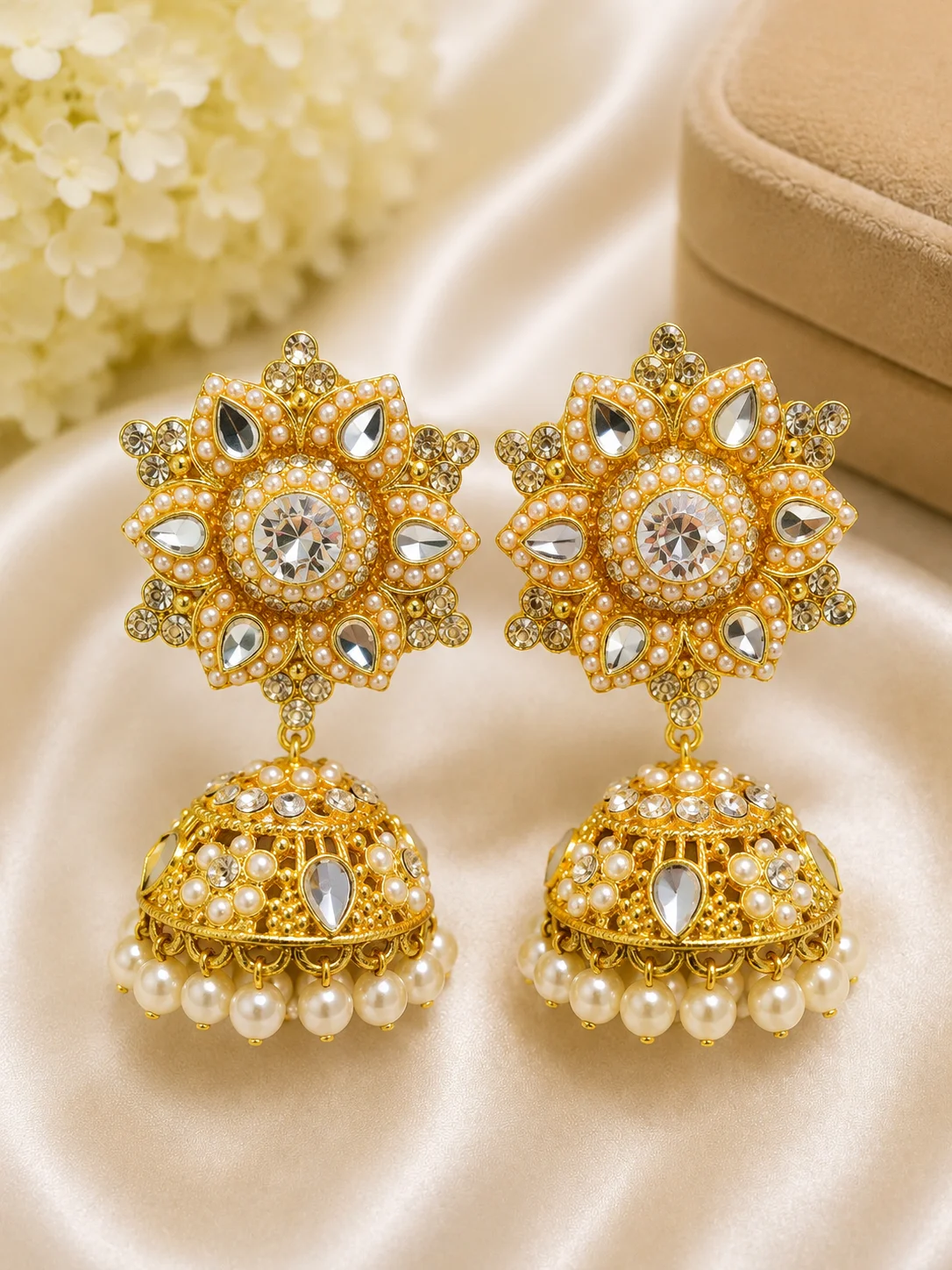 Pearl & Crystal Jhumka Earrings for Women