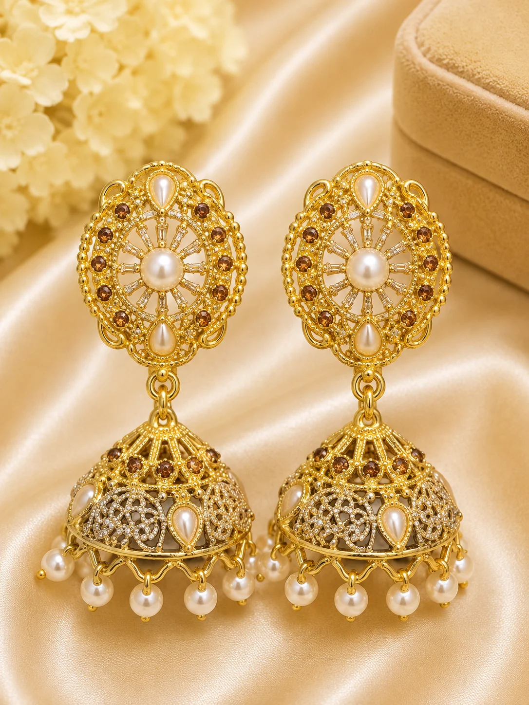 Gold Pearl Jhumka Earrings for Women