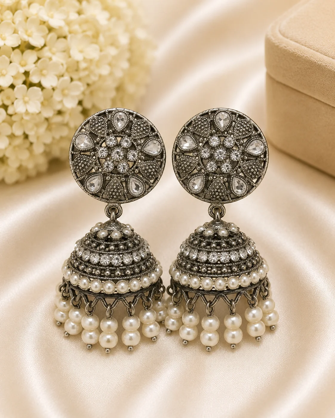 Antique Silver Pearl Jhumka Earrings