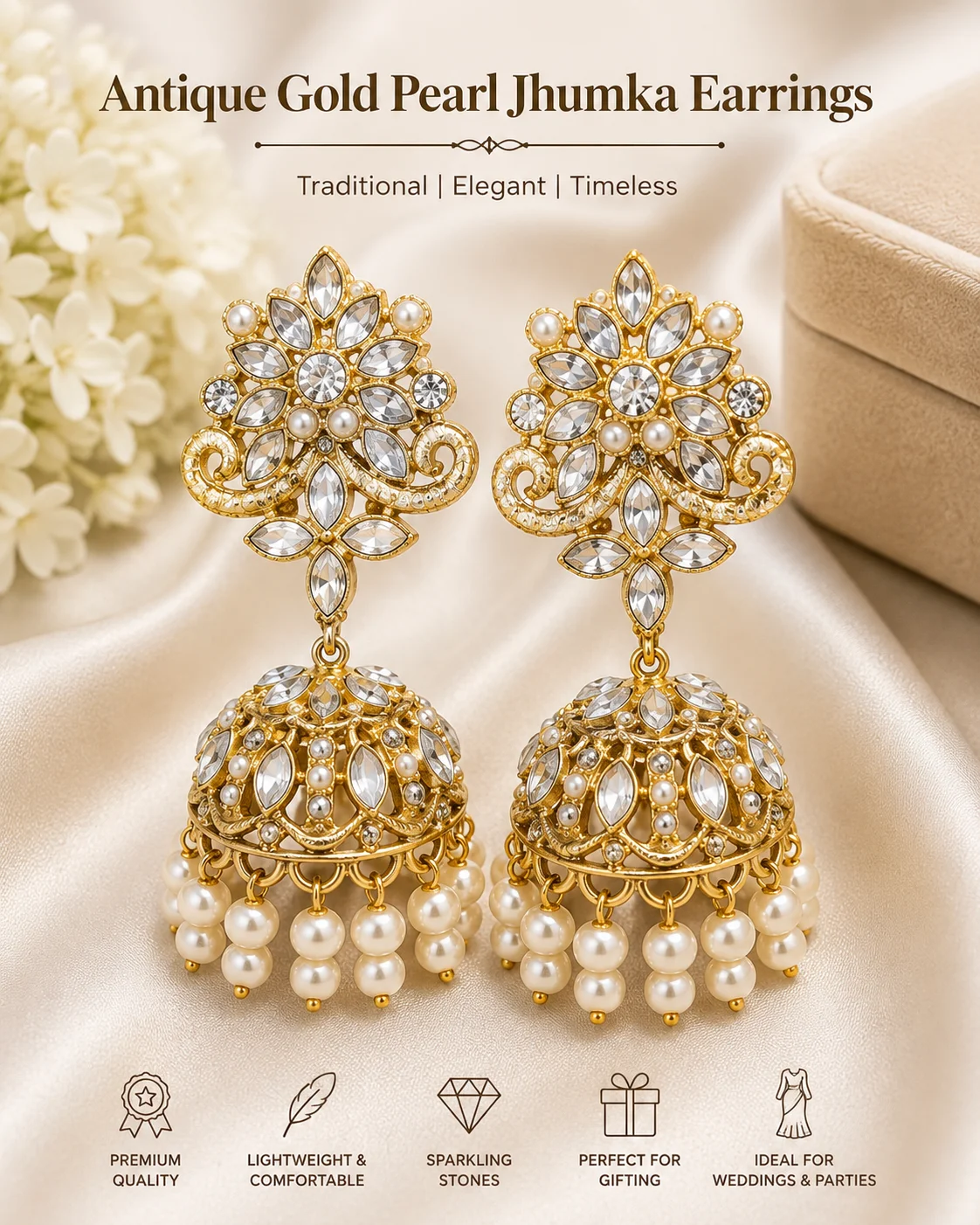 Antique Gold Pearl Jhumka Earrings