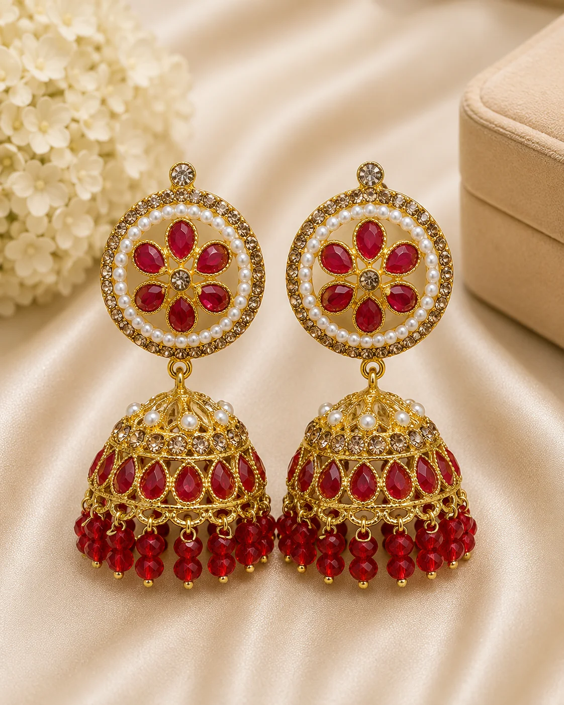 Red & Pearl Floral Jhumka Earrings