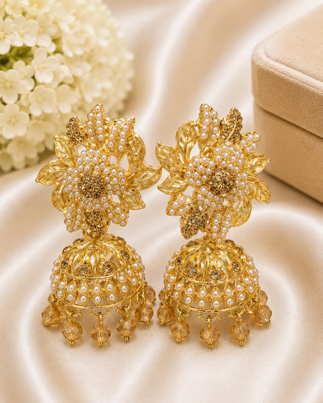 Luxury Gold Floral Pearl Jhumka Earrings for Women