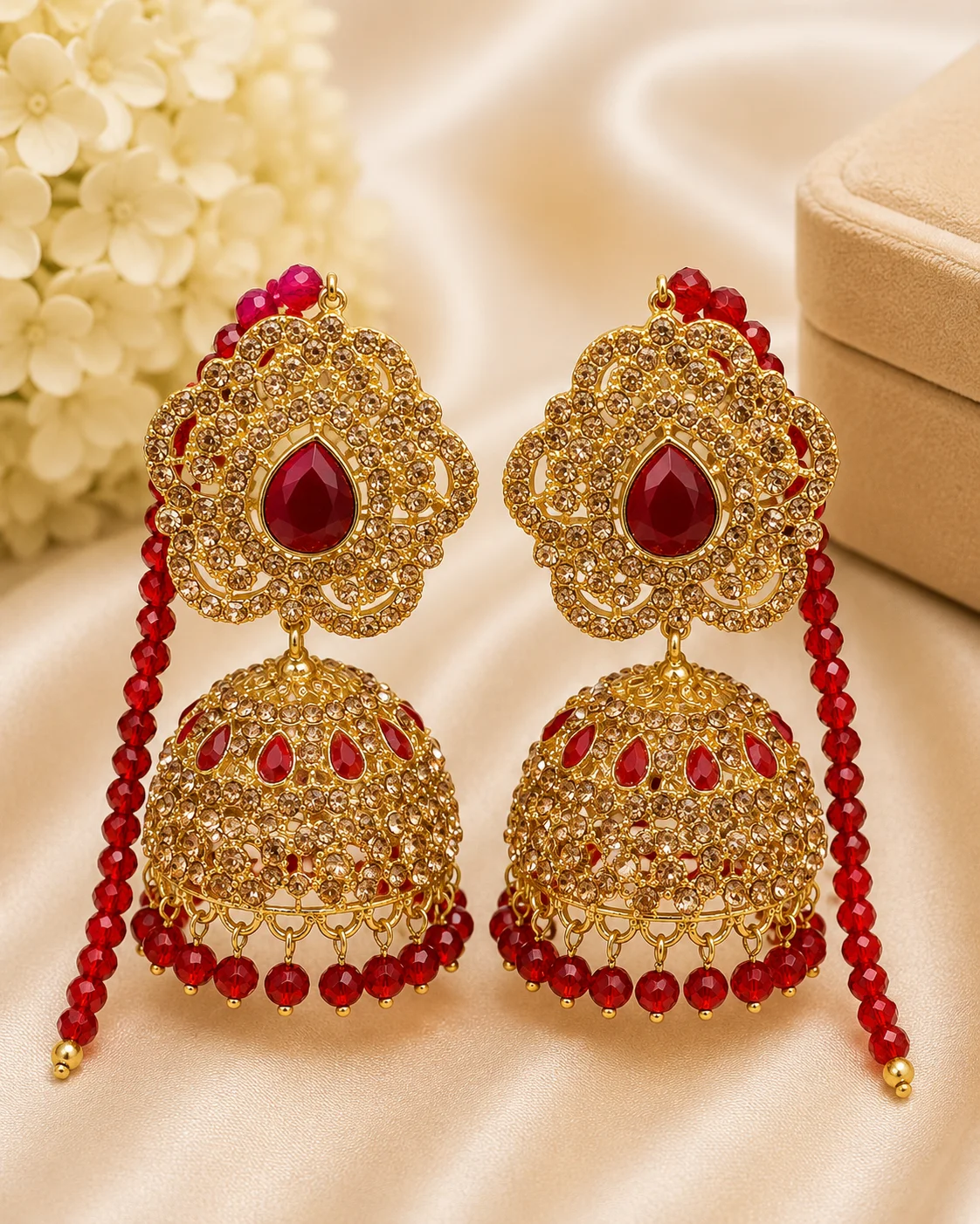 Luxury Red Stone Gold Jhumka Earrings for Women