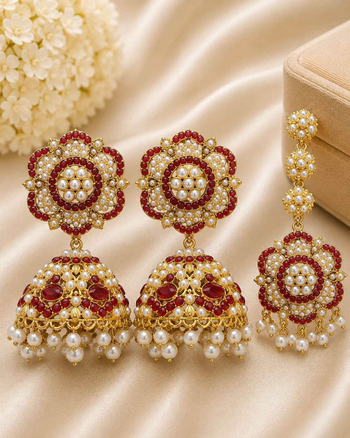 Premium Multicolor Pearl Jhumka Earrings with Maang Tikka Set
